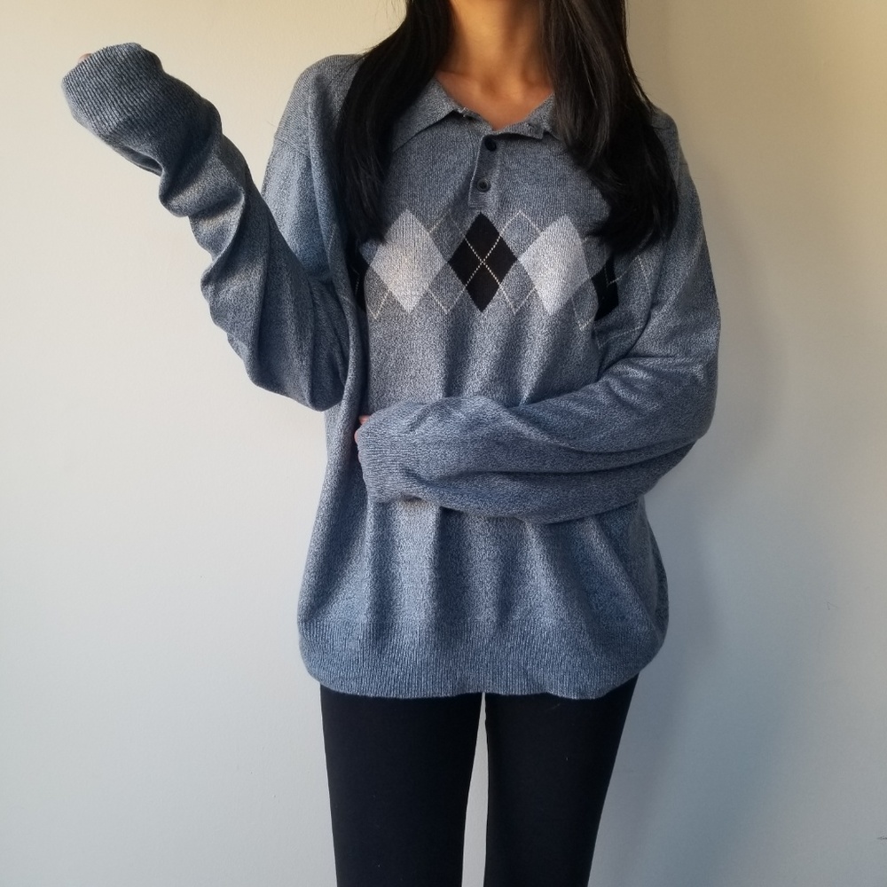 Dockers: Blue grey argyle collared long sleeve – L